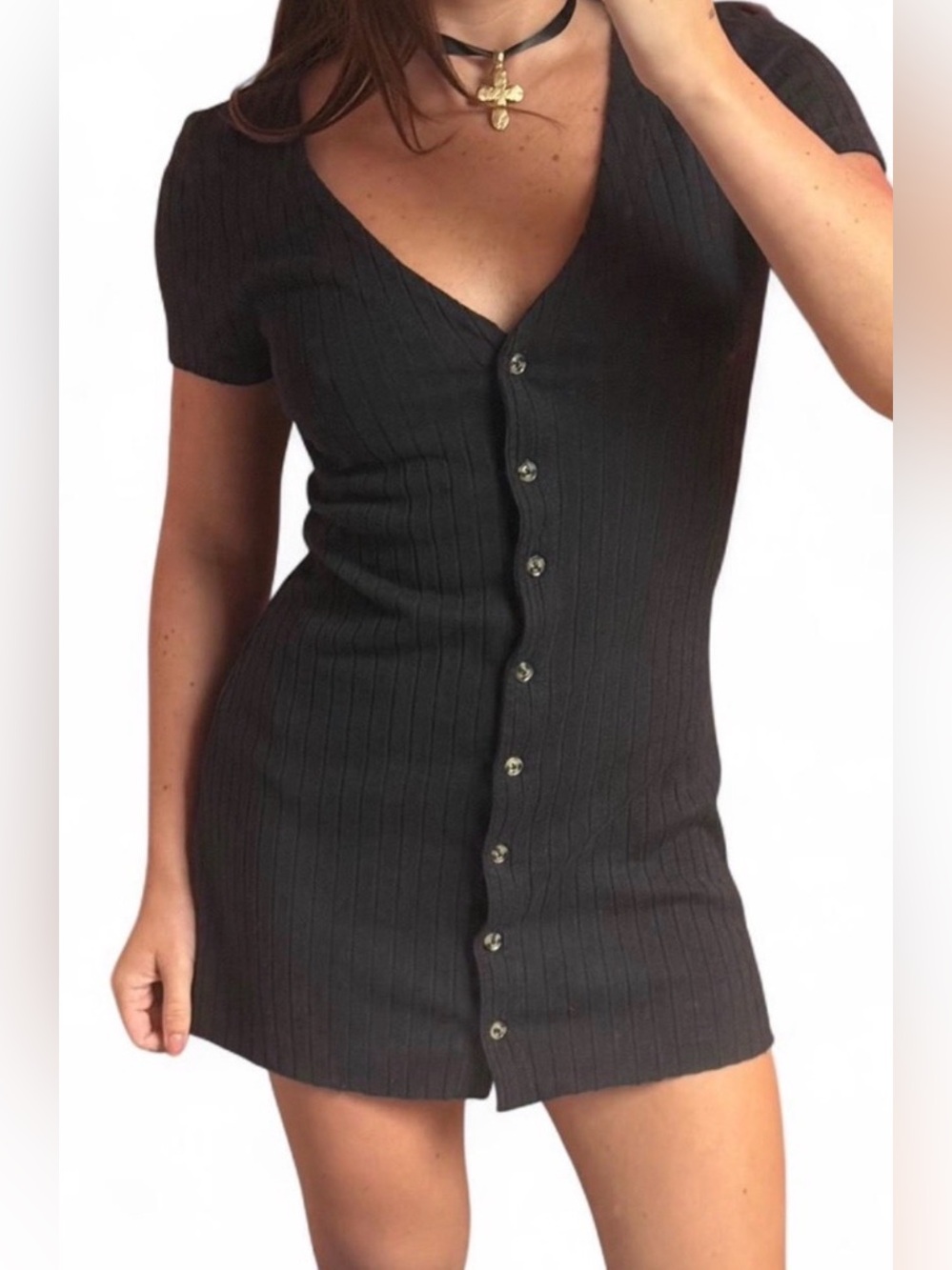 Billabong ribbed knit short sleeve black mini dress with a button front, v-neck